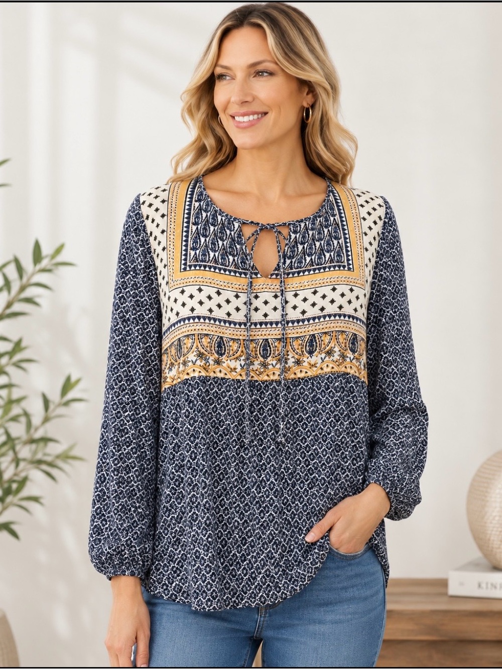 New Directions Boho Print Long-Sleeve Peasant Top P/L - Picture 2 of 16